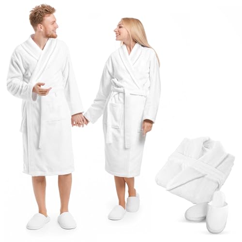 Luxury Organic Bath Robe and Slipper Set - Ultra Plush Turkish Terry Bathrobe with Slippers - GOTS Certified - Unisex, White