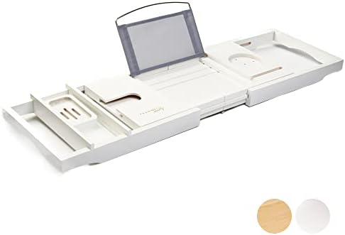 Tranquil Beauty Premium Bath Caddy | Natural Sustainable Bamboo Bath Tray | Bath Board With iPad, Tablet and Phone Stand | Extendable Wooden Tray Bath Rack | Adjustable Bath Tray With Wine Holder