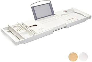 Tranquil Beauty Premium Bath Caddy | Natural Sustainable Bamboo Bath Tray | Bath Board With iPad, Tablet and Phone Stand | Extendable Wooden Tray Bath Rack | Adjustable Bath Tray With Wine Holder