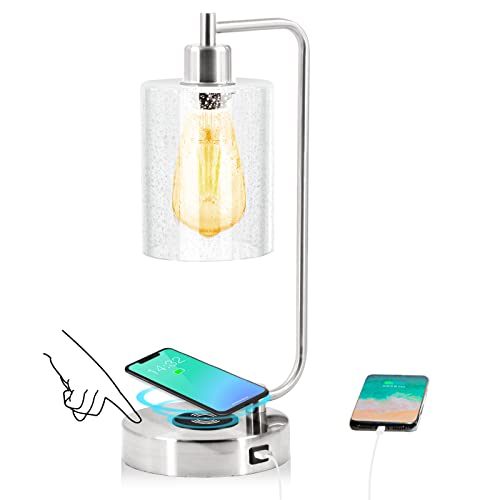 Industrial Table Lamps , Bedside Lamps with USB & Type C Charging Ports, Touch Control 3-Way Dimmable Nightstand Reading Lamps for Bedroom Living Room Office LED Bulb Included(Nickel) (1 Pack)