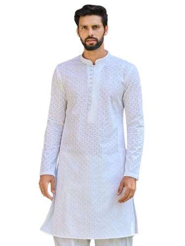 Image of See Designs Mens Kurta - Cotton Regular Fit Embroidered Mandarin Collar Chikankari Kurta