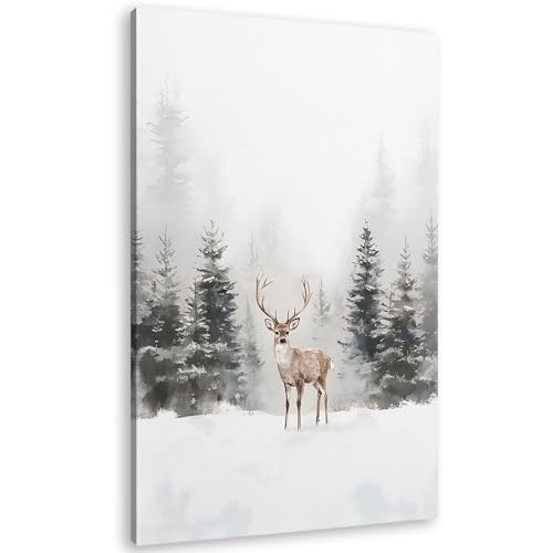TLESKE Winter Deer Reindeer Wall Art Decor, Snowy Forest Mountain Canvas Wall Art Print for Home Bedroom Living Room, White Winter Christmas Snow Moose Wall Artwork Picture, 16x24
