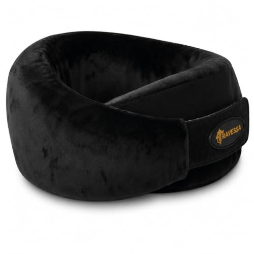 Image of TRAVESSA Memory Foam Neck Pillow | Travel Neck Pillow for Pain Relief | Ergonomic Airplane Neck Pillows | Adjustable & Washable Travel Pillow for Flight and Car with Free Travel Pouch | Soft Black