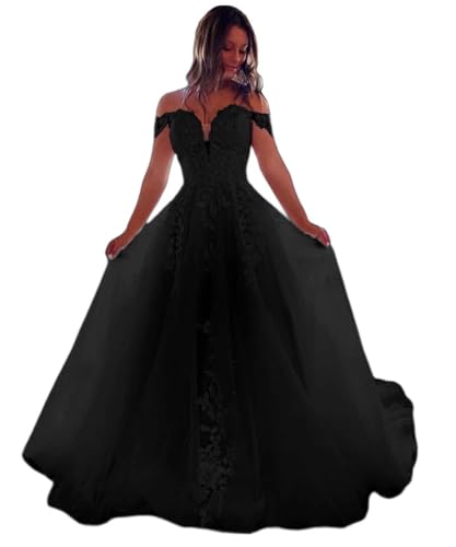 TRHTX Women's Off Shoulder Black Lace Wedding Dresses for Bride