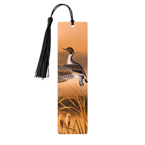 油絵ダックプリント読書ページマーカーブックマーク、タッセル付き木製ブックマーク5個、本好きへのギフト。