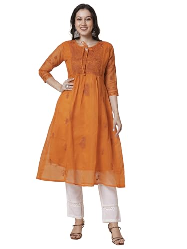 Image of RATAN Women's Muga Cotton Flared Lucknowi Chikankari Ethnic Wear Kurta