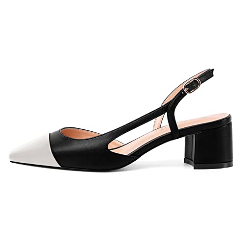 AMBELIGHT Womens Two Tone Buckle Matte Evening Square Toe Slingback Dress Chunky Low Heel Pumps Shoes 2 Inch2