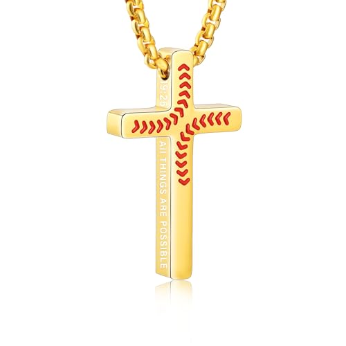 VULETO Baseball Bible Verse Cross Necklace for Boys Men, Gold Stainless Steel Pendant Chain Graduation Easter Christian Religious Valentines First Communion Confirmation Jewelry Gifts for Son Kids Teenage Teen Stuff Gear 19:26