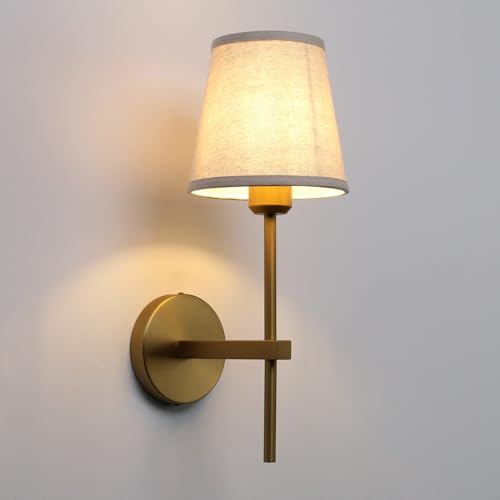 Image of Vintage Wall Sconce with Linen Fabric Shade, E26 Bathroom Vanity Light, Hardwired Indoor 1-Light Wall Mounted Lamp for Hallway Bedside Nightstand Light
