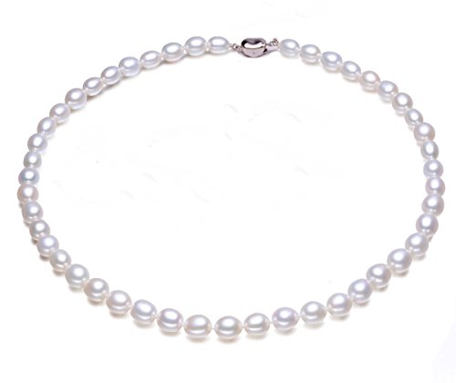 JYX 7-8mm Oval Natural White Freshwater Pearl Necklace Single Strand 18"