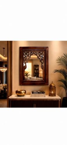 Image of Antique Black Hand Carved Wooden Jharokha Wall Mirror Frame for Home & Bedroom Decor - Traditional Arch Design (12x9 Inch) (Antique Black)
