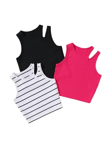 Girl's 3 Packs Ribbed Tank Tops Striped Cut Out Crew Neck Summer Sleeveless Top