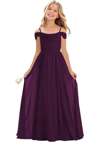 Chiffon Cold Shoulder Juniors Bridesmaid Dress for Wedding Long Pleated Cowl Neck Plum Formal Dress for Teens Size 12