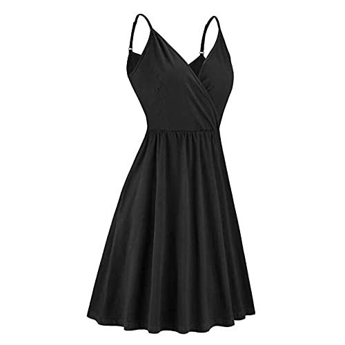 Damen Retro kleid Damen Boho Maxi Kleid,Frauen Cocktailabend Partei Kleid Swing Plissee Skater Minikleid Böhmen Kleider,Damen V-NeckSolid Color Strap Sommer Casual Swing Kleid mit Taschenkleid Cover