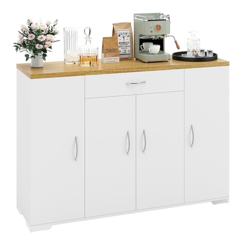 ZZINOKE Mueble Auxiliar de Cocina,Blanco,Aparador de Cocina con Cajón y 4 Puertas,Partición Ajustable,Aparador Comedor con Estantes,Moderno,110x30x70cm