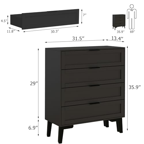 Image of Dresser for Bedroom, Storage Organizer with 4 Drawers, Chest of Drawers,Sturdy Metal Frame, Wood Tabletop for Guest Room, Closet, Entryway, Black
