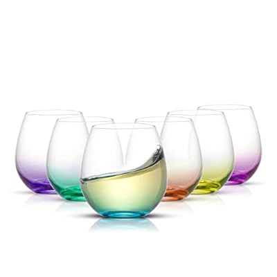 JoyJolt HUE Stemless Wine Glass Set. Large, 15 oz, Stemless, Set of 6. Short Wine Tumblers for White Wine, Red Wine, Water, No Stem Margarita Glasses, Colored