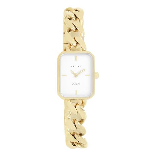 Oozoo Vintage Damen Uhr Gold/Weiß | Armbanduhr Damen mit Metall Chunky Armband | Moderne Uhr für Frauen - Edle Analog Damenuhr in rechteckig C20362 (20x26mm)