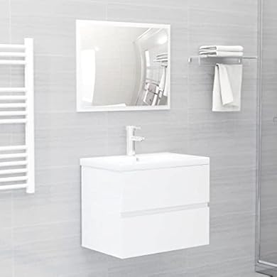 Foto di WIFESE Set di mobili da bagno in legno bianco lucido, 60 x 38,5 x 45 cm, mobiletto da bagno con 1 cassetto, 1 specchio, linee pulite e design sottile
