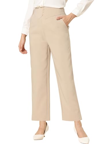 Allegra K Elegant Business Pants for Women's Elastic Waist Button Decor Straight Leg Work Trousers