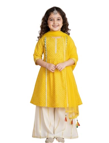 Image of Naixa Girl's Rayon Chanderi Yellow White Solid Printed Top With Sharara and Dupatta 3 /4 Sleeve | Kurta Sharara Set For Girl's