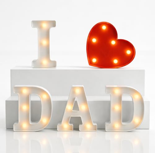 Upgraded 5PCS Father's Day Decorations I Love Dad LED Letter Sign Lights, Battery Powered Warm Light Table Centerpieces Gift for Dad from Daughter Son for Home Party Decor Family Supplies