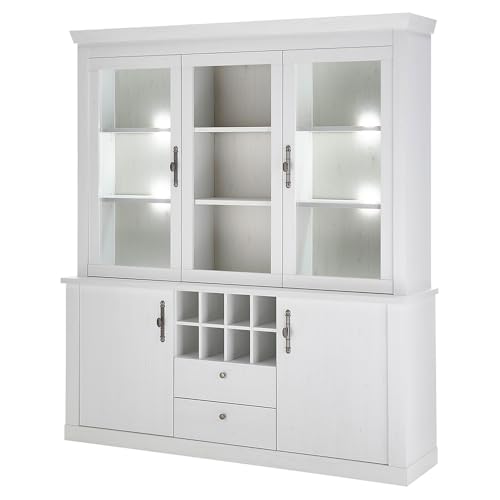 Lomadox Esszimmer Buffetschrank Buffet Vitrinenschrank inkl. LED-Beleuchtung mit 184 cm Breite in Pinie weiß, Flascheneinteilung - Landhaus-Stil