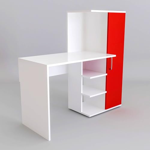 Image of Engineered Wood Office & Study Table for Study Room /Office /Work from Home || Engineered Wood Study Table || Freestanding || Finish Color - White & Red |
