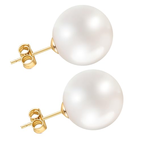 14mm Pearl Earrings for Women, Handpicked Big Shell Pearl Stud Earrings Hypoallergenic 18K Yellow Gold Vermeil Sterling Silver Earrings Studs