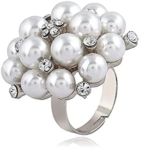 Big CZ Pearl Statement Wedding Ring for Women Girls Vintage CZ Crystal Faux Pearls Ball Flower Adjustable Open Band Wrap Birthday Cocktail Party Ring Comfort Fit Exaggerated Jewelry Gift