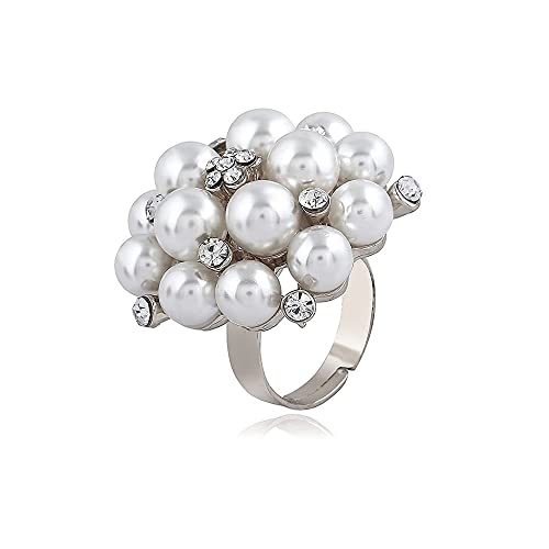 IMINI Großer CZ-Perlen-Statement-Ehering für Frauen Mädchen Vintage-CZ-Kristall Kunstperlen Kugel Blume verstellbar Offenes Band Wrap Geburtstag Cocktail Party Ring Schmuck Geschenk