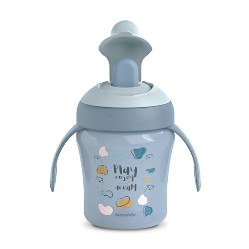 SUAVINEX, Vaso Aprendizaje Bebé con Boquilla Rígida Antidesgarro, Biberón con Asas, Tapa Protectora Abatible, Vaso Antiderrame, 200 ml, Bébés +6 Meses, Apto Lavavajillas, Bears Azul