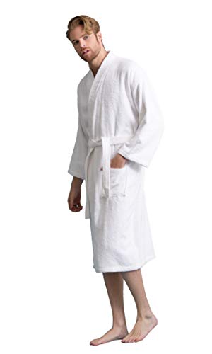 Soft Touch Linen Men's Robe, Turkish Terry Bathrobe, Turkish Terry Kimono Spa Bathrobe (Large, White-Custom)3