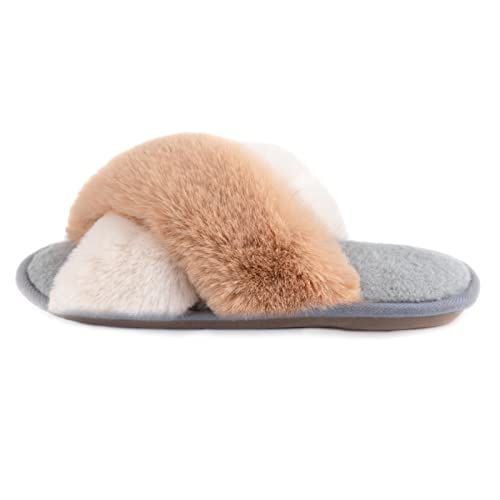 Zizor Women's Open Toe Fluffy Slippers with Memory Foam, Ladies' Cross Band House Shoes, Faux Fur Slip on Home Slippers for Indoor Outdoor2