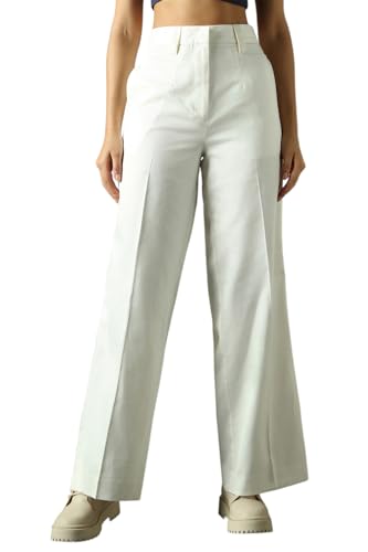 Image of High Star Women High Rise Solid Regular Length Wide Leg Casual Trousers
