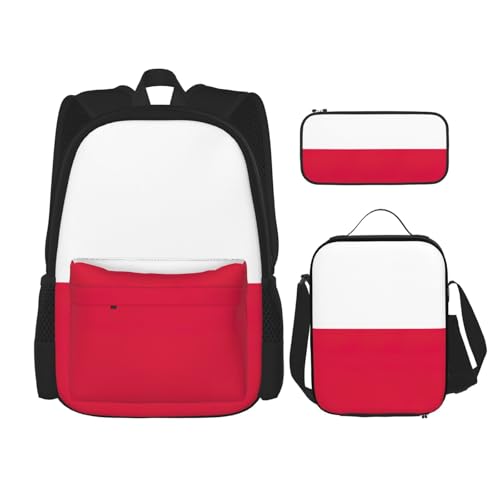 Polish Flag Print 3 Piece Backpack Set, Laptop Daypack, Lightweight Bookbag Set With Lunch Bag Pencil Case