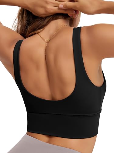 ODODOS Women's Longline U-Back Sports Bra V-Neck Padded Yoga Workout Wirefree Tank Top, Black, Medium