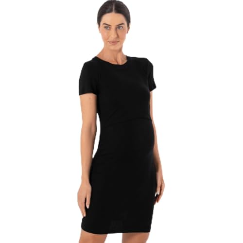 Simple Mama Vestido Canelado para Amamentação, Manga Curta, Preto, Malha Canelada (BR, Alfa, P, Regular, Regular, Padrão, PRETO)