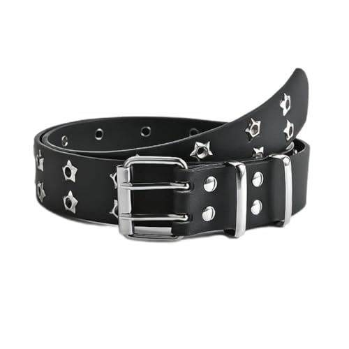 Women Punk Belt Black Double Grommet Stars Adjustable Waist Belt with Chain Hip-hop Style