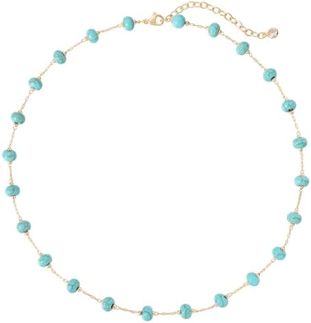 Turquoise Jewelry for Women - 14K Gold Plated Turquoise Necklace for Women Colorful Beaded Necklaces Summer Beach Boho Choker Bead Gift