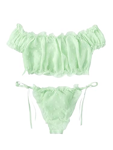 Image of Lilosy Sexy Stretch Ruffle Tie Sheer Mesh Lingerie Set Outfits
