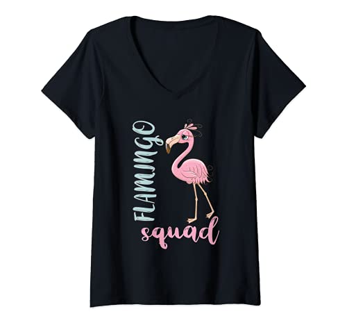 Mujer Flamingo Squad Bday Party Outfit Lindo Flamingo Tropical Bird Camiseta Cuello V