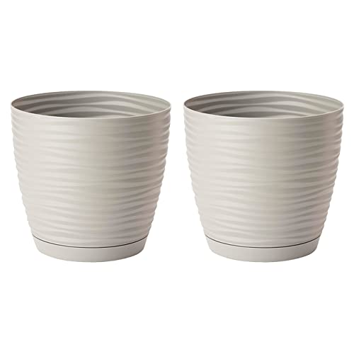 AC - Pack de 2 Macetas Redonda de 19 cm con Plato Discreto, Diseño Sahara, Fabricado en España, jardín Exterior, terraza o balcón, Color Beige