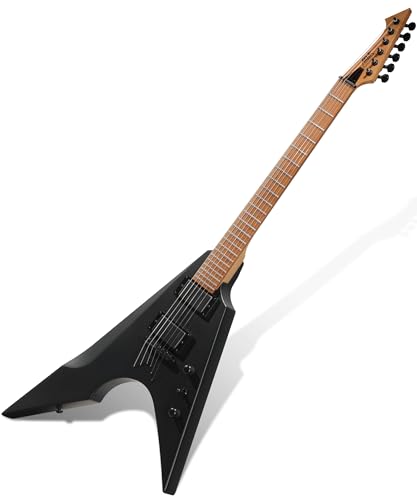 AKLOT Metal V Electric Guitar: HH Pickups Roasted Maple Neck Okoume Body String-Through-Body Stainless Steel Rounded Ball-End Frets Beginner Electric Guitar Kit for Adult Gig Bag Lesson Book Black