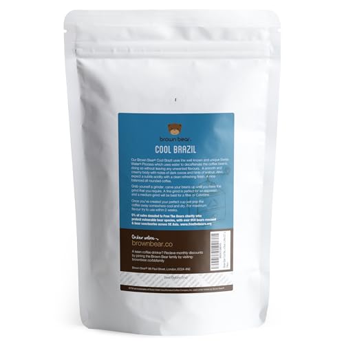 Brazilian Decaffeinated Coffee Beans 227g - Brown Bear Cool Brazil - Swiss Water Decaf Process - For All Coffee Machines - Strength 3 - Medium Roast - 100% Arabica