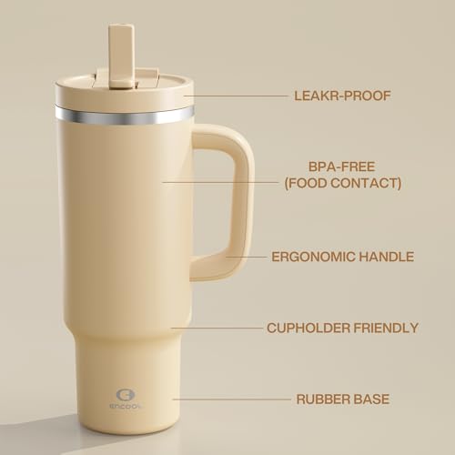 Image of ENCOOL 40 oz Tumbler with Handle and Straw: Stainless Steel Insulated Tumbler Keeps Cold for 24 Hours, Leakproof Travel Cup Fits in Cup Holder and BPA-Free, Indian Khaki