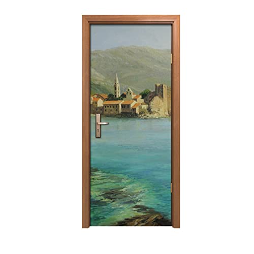Autocollant de porte haut de gamme au design artistique montagnes ville et mer