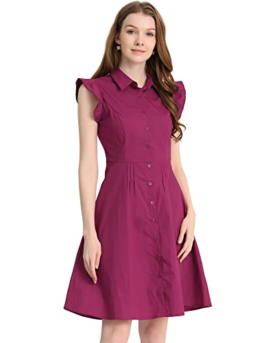 Image of Allegra K Women's Ruffled Sleeve Casual Office Dress Tie Waist Button Down Cotton Shirt Dresses