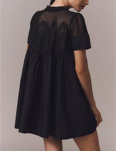 Image of Shiyifa Womens Babydoll Lace Patchwork Dresses Summer Short Sleeve Ruffle Sundress Loose Crew Neck A-Line Dresses