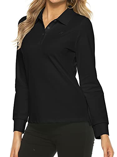 Ajezmax Womens Golf Tennis Polo Shirts Long Sleeve Sun Protection Quick Dry Lightweight Casual Button Sports Athletic Tops Black Small #TOP2